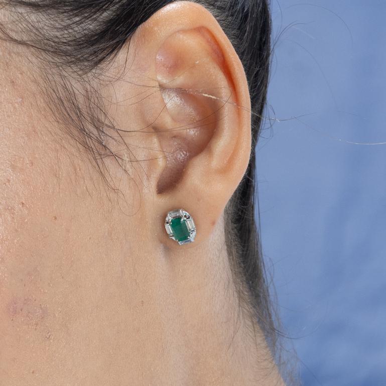 Art Deco 18k White Gold Diamond Halo Emerald Cut Natural Emerald Stud Earrings For Sale 3