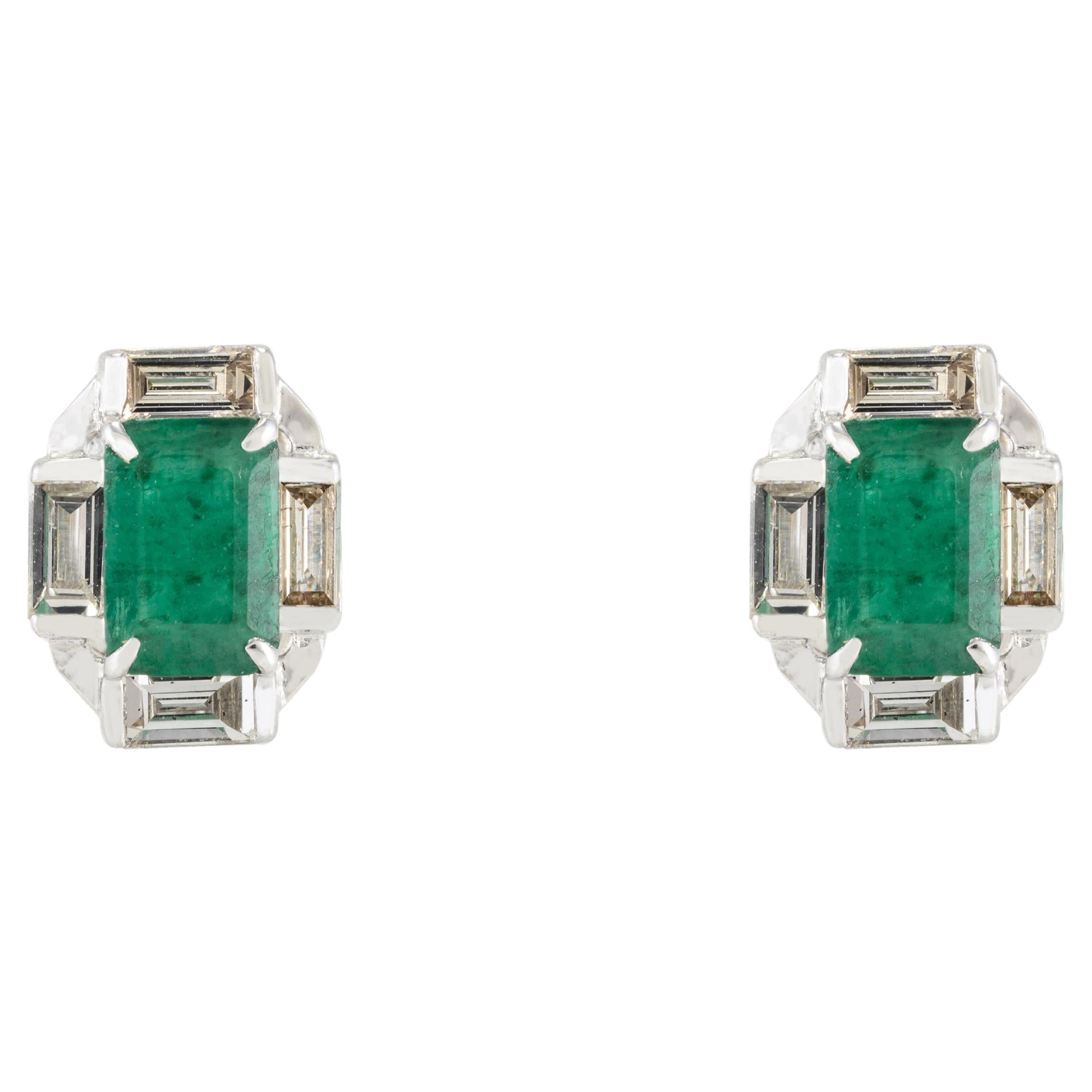 Art Deco 18k White Gold Diamond Halo Emerald Cut Natural Emerald Stud Earrings