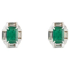 Art Deco 18k White Gold Diamond Halo Emerald Cut Natural Emerald Stud Earrings