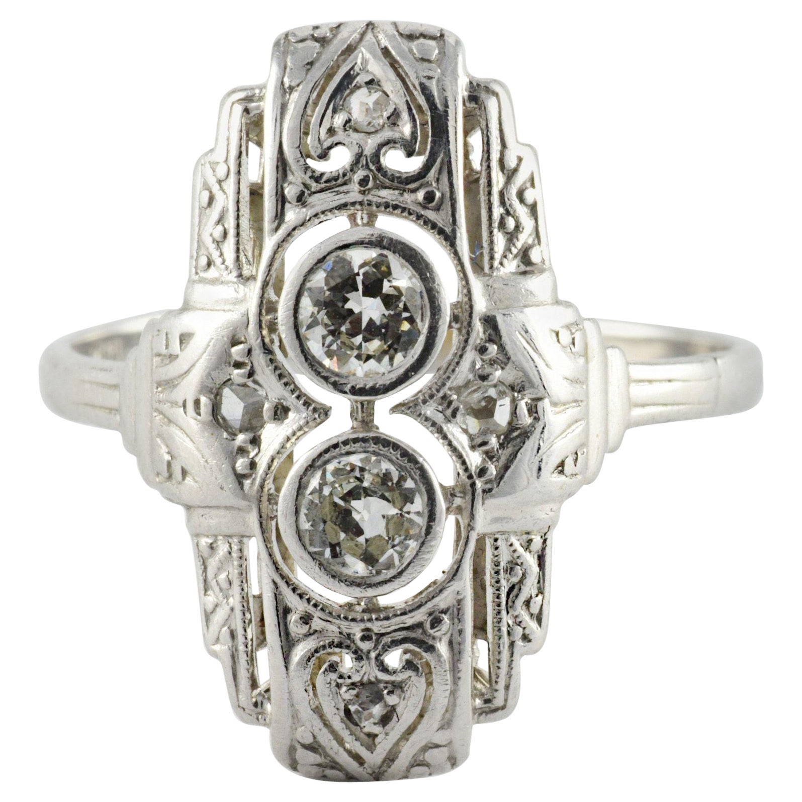 Art Deco 18K White Gold Diamond Navette Dinner Ring For Sale