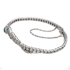 Art Deco 18k White Gold Diamond Onyx and Emerald Snake Bracelet