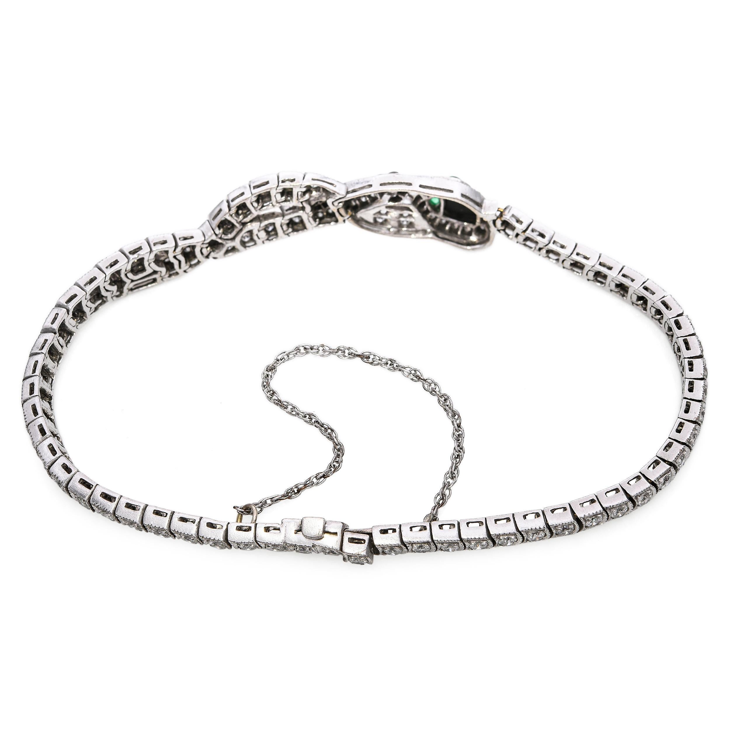 Pulsera Art Déco de oro blanco de 18 quilates con diamantes, ónice y esmeralda Corte redondo en venta