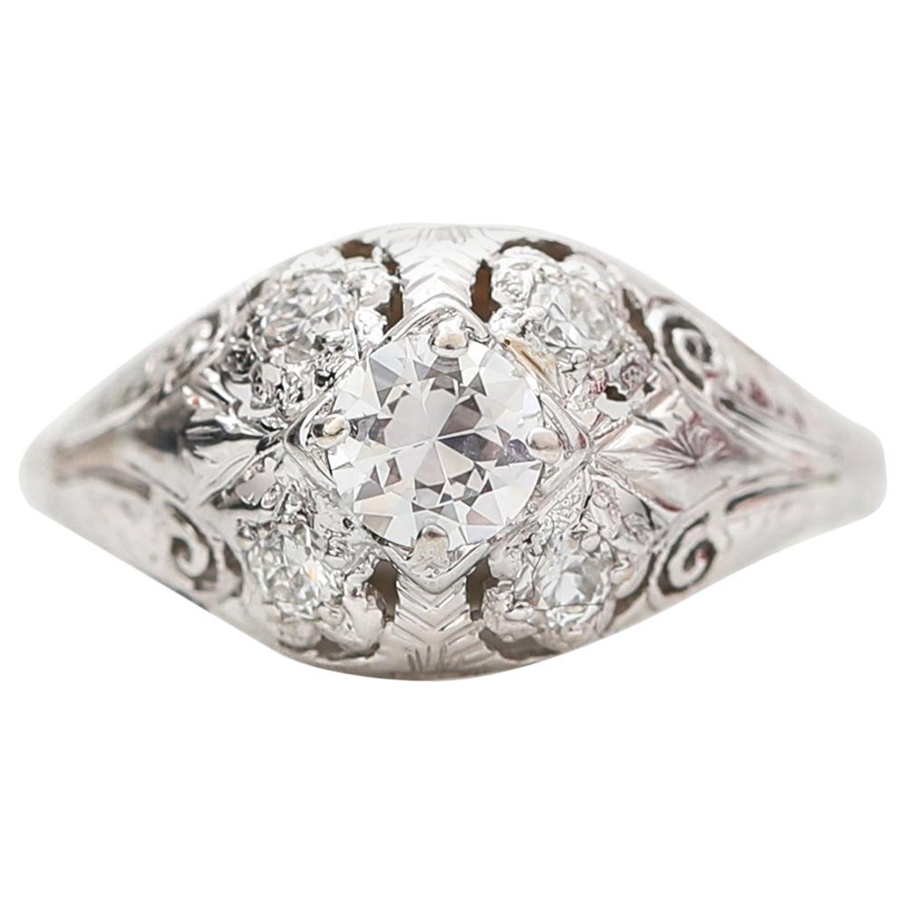 Art Deco 18k White Gold Diamond Ring Aprox .60 cttw Old European Cu, circa 1920s