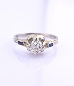 Art Deco 18K White Gold Diamond & Sapphire Ring – .40 CT Center – Size 7