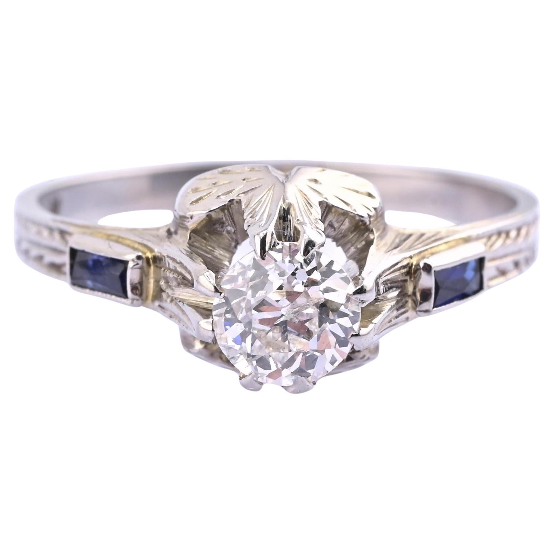 Art Deco 18K White Gold Diamond & Sapphire Ring – .40 CT Center – Size 7