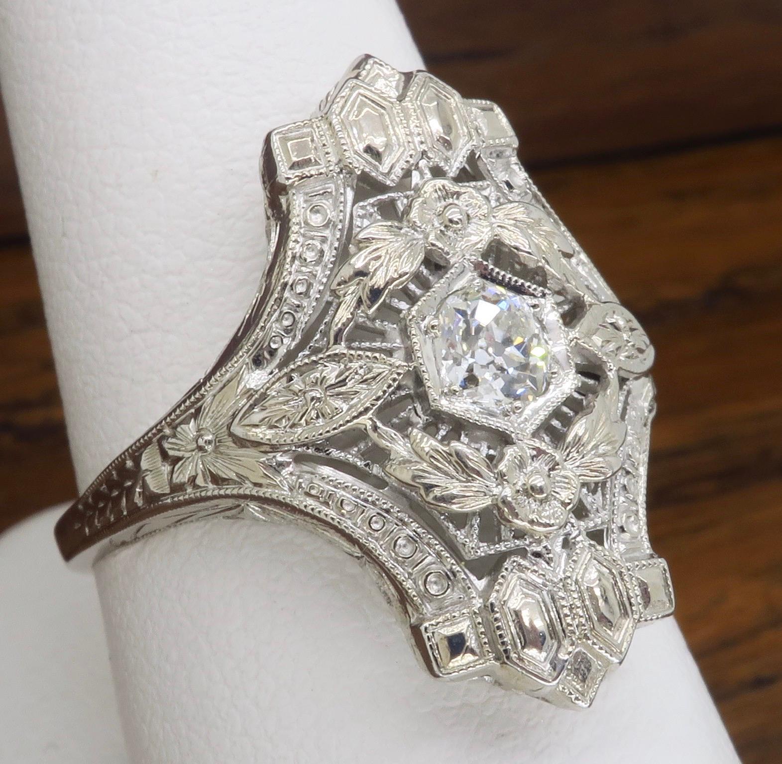 Old European Cut Art Deco 18 Karat White Gold Diamond Shield Ring