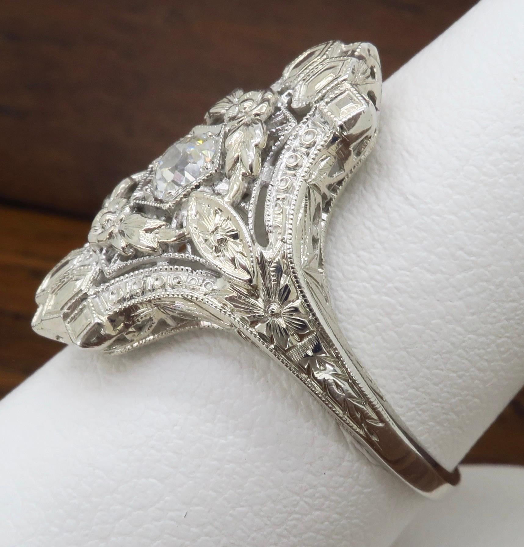 Art Deco 18 Karat White Gold Diamond Shield Ring In Excellent Condition In Webster, NY