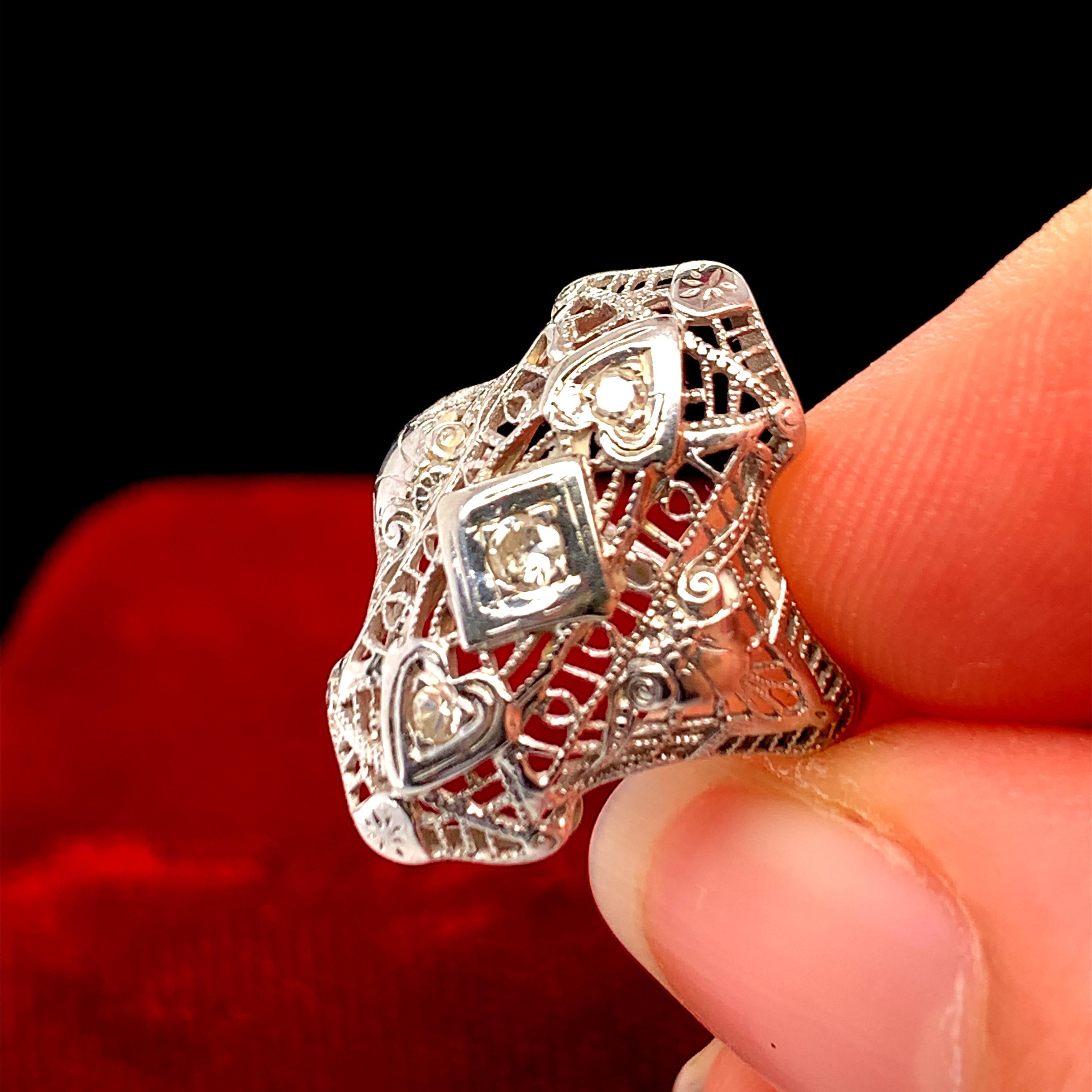 Women's or Men's Art Deco 18K White Gold Diamond Shield Ring For Sale