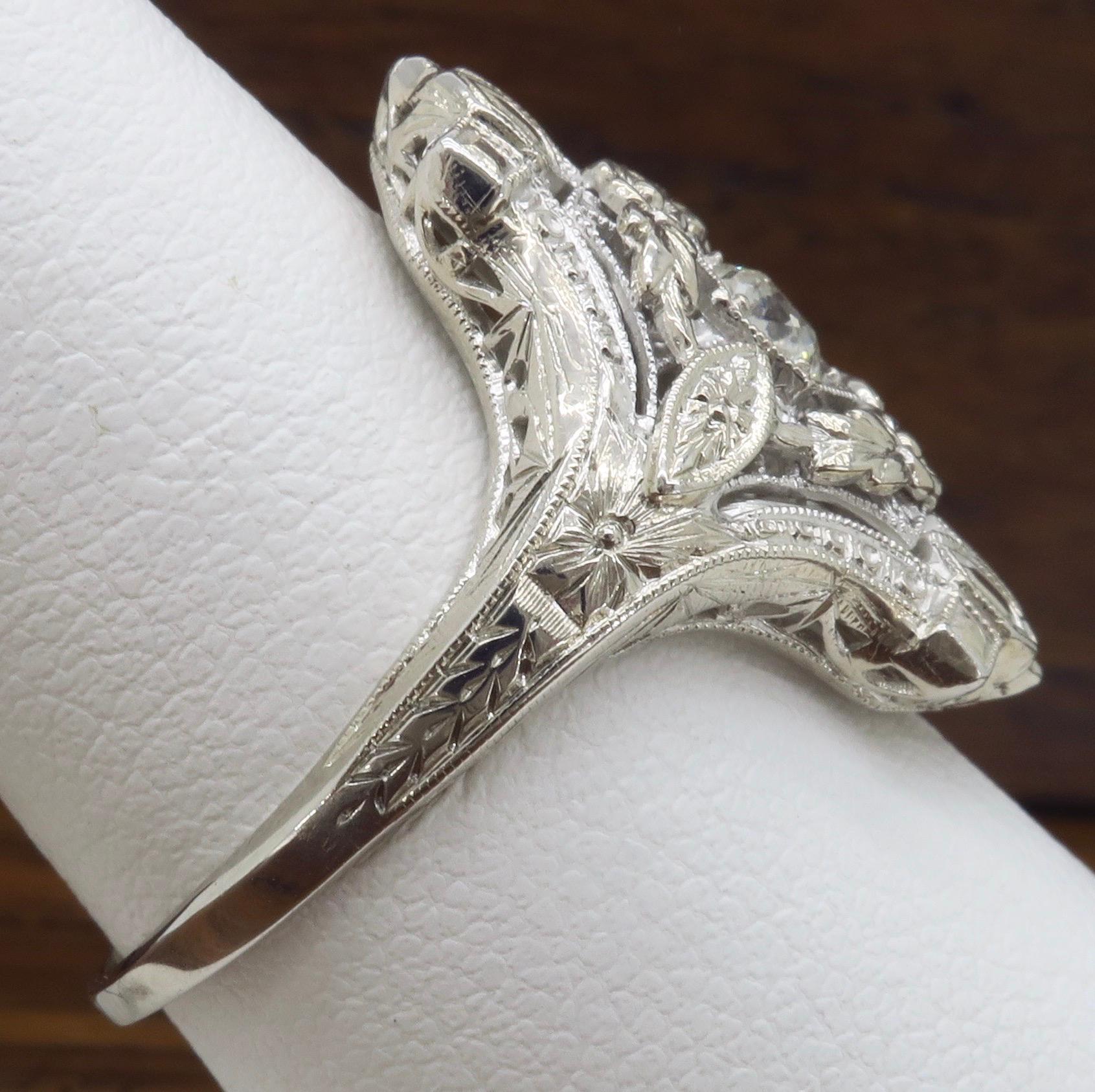 Women's Art Deco 18 Karat White Gold Diamond Shield Ring
