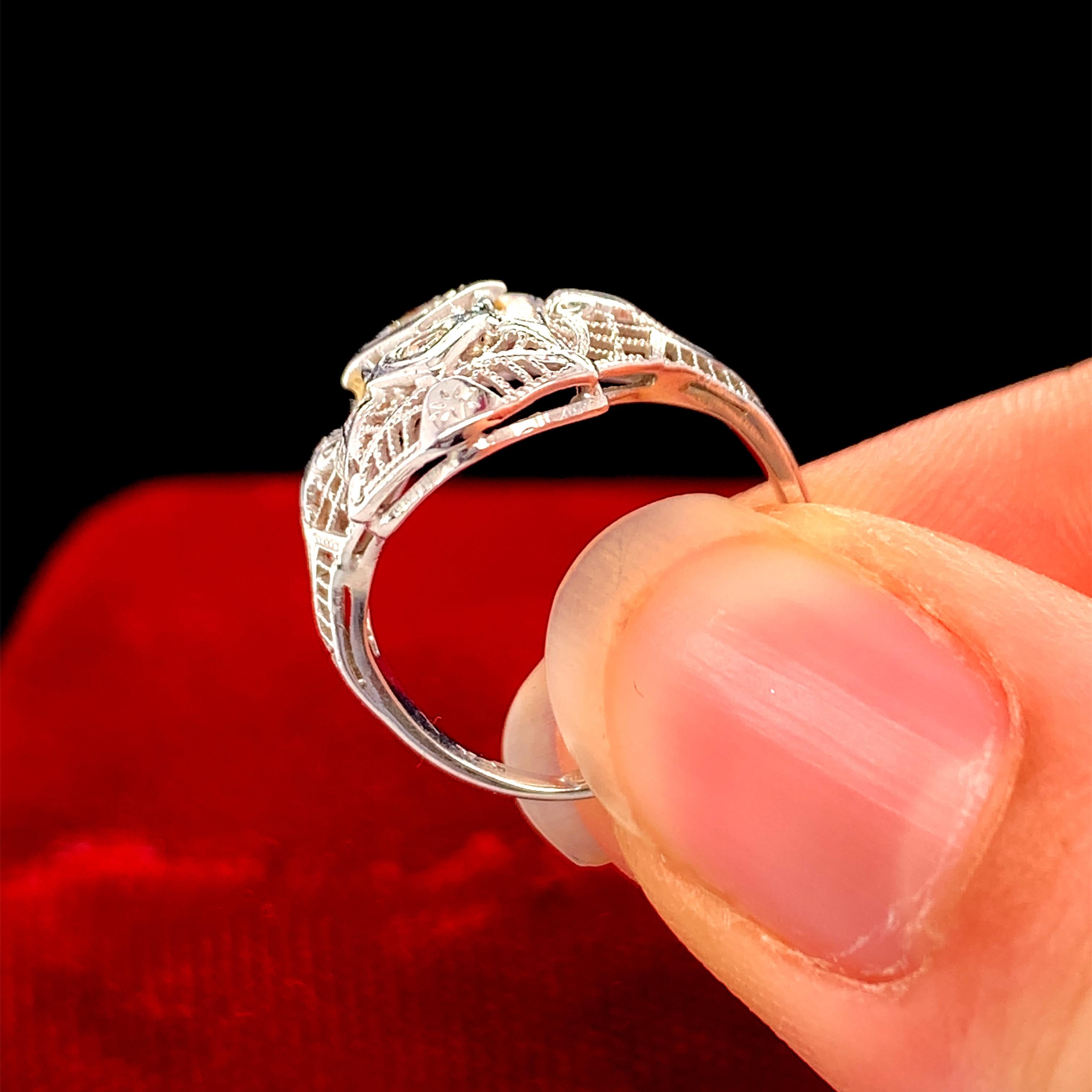 Art Deco 18K White Gold Diamond Shield Ring For Sale 1
