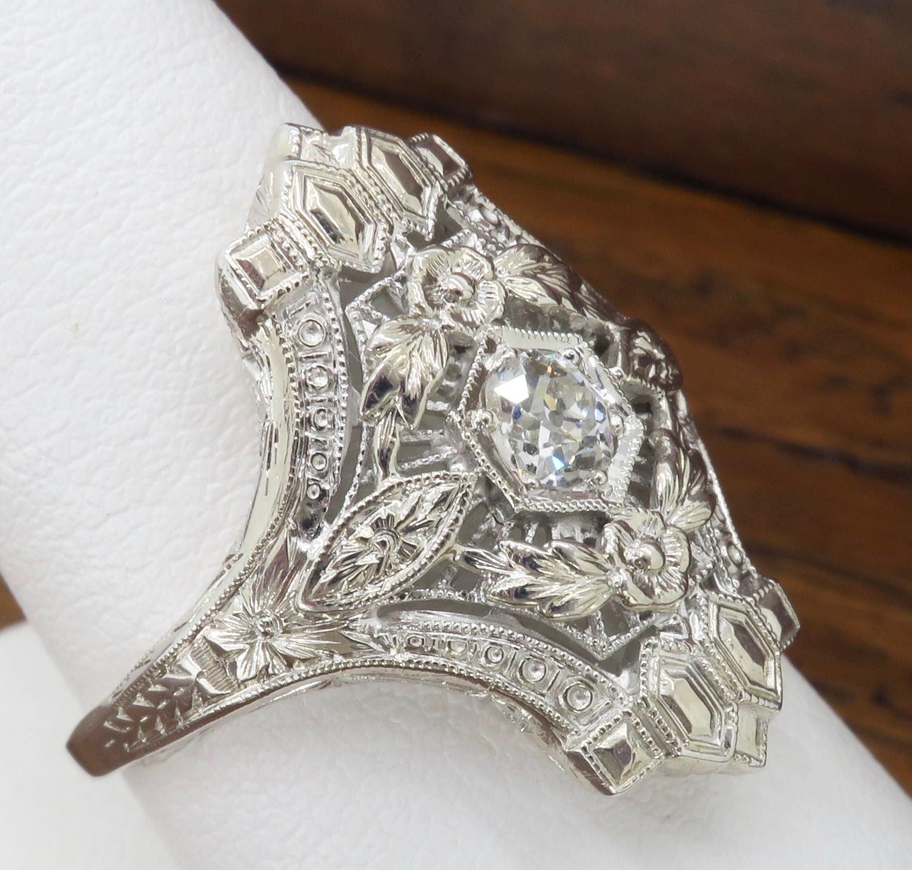 Art Deco 18 Karat White Gold Diamond Shield Ring 1