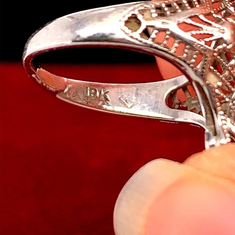 Art Deco 18K White Gold Diamond Shield Ring For Sale at 1stDibs