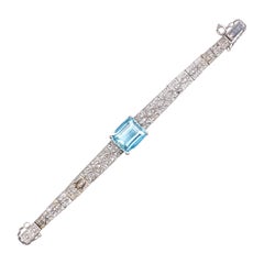 Art Deco 18k White Gold Diamonds and 11 Carat Aquamarine Bracelet