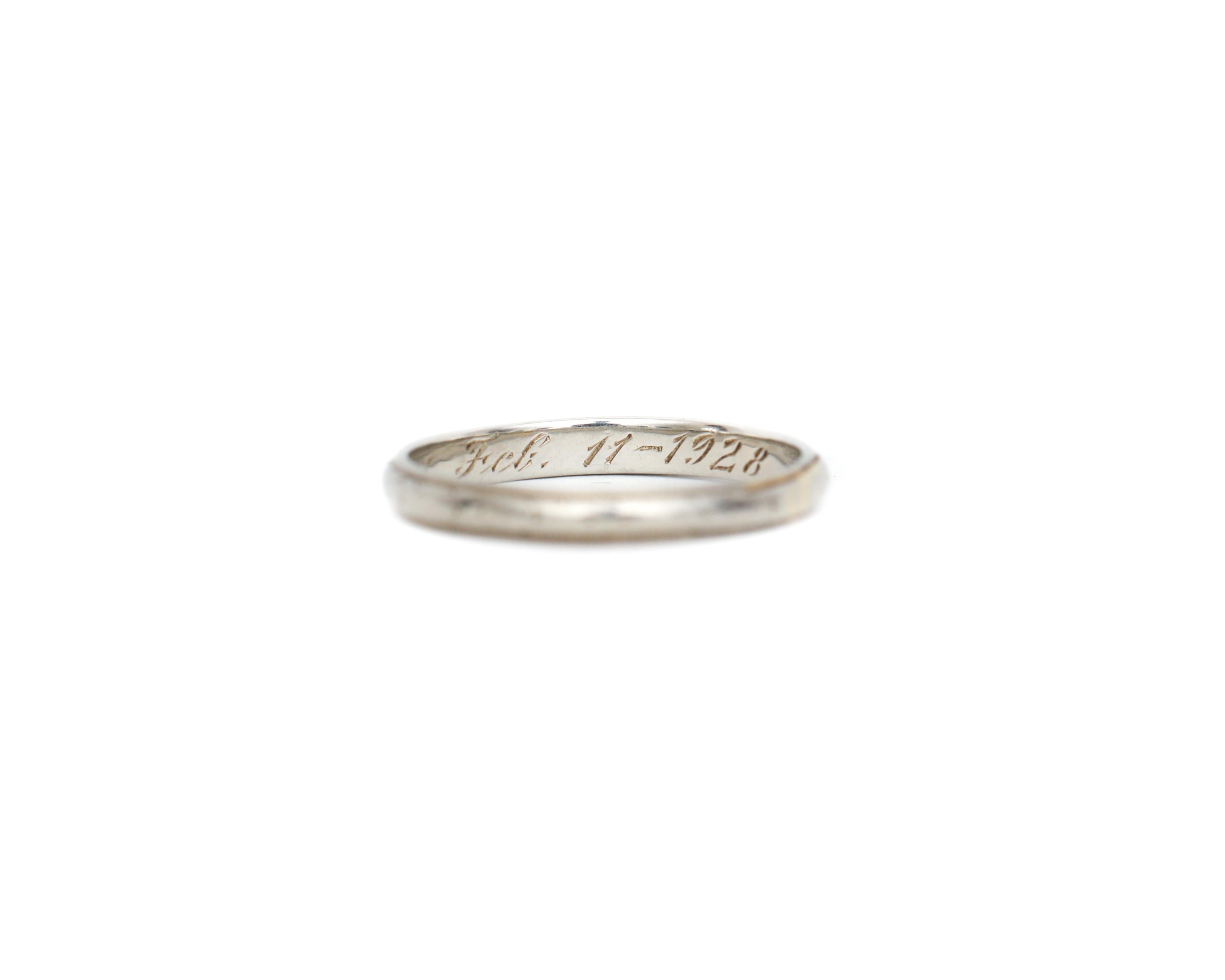 Here we have a genuine Art Deco wedding band crafted in 18 karat white gold! A great example of a vintage stackable, excellent etching work original to the ring. This beautiful ring makes for a great band to pair with your vintage engagement ring or