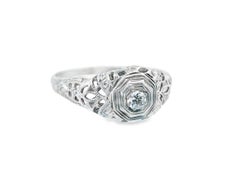 Art Deco 18k White Gold Euro Cut Diamond Filigree Engagement Ring