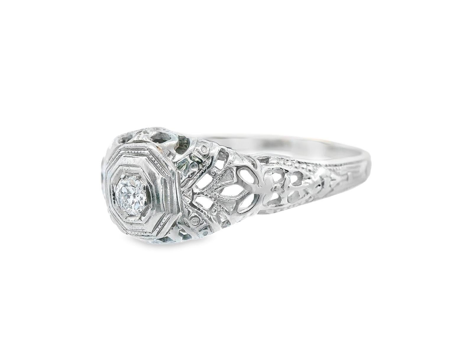 Art Deco 18k White Gold Euro Cut Diamond Filigree Engagement Ring For Sale 2
