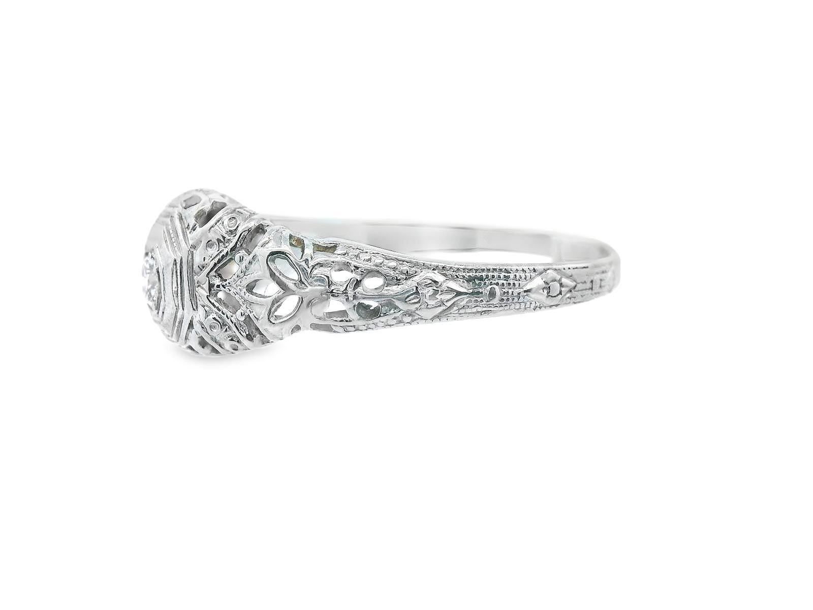 Art Deco 18k White Gold Euro Cut Diamond Filigree Engagement Ring For Sale 3