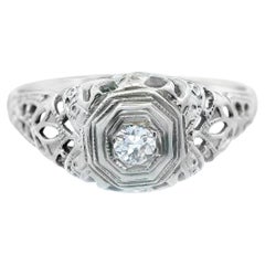 Art Deco 18k White Gold Euro Cut Diamond Filigree Engagement Ring