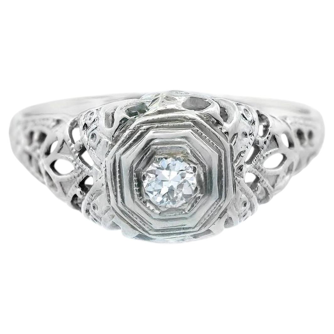 Art Deco 18k White Gold Euro Cut Diamond Filigree Engagement Ring