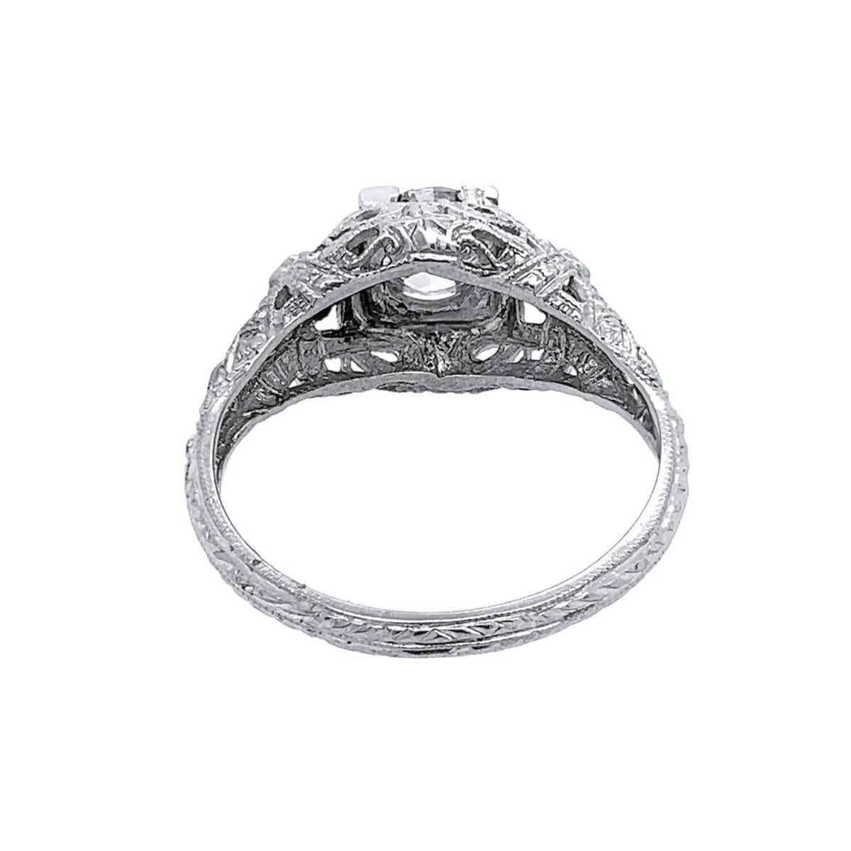 Women's Art Deco 18 Karat White Gold Filigree Centre Ring Old European Cut Diamond Ring For Sale
