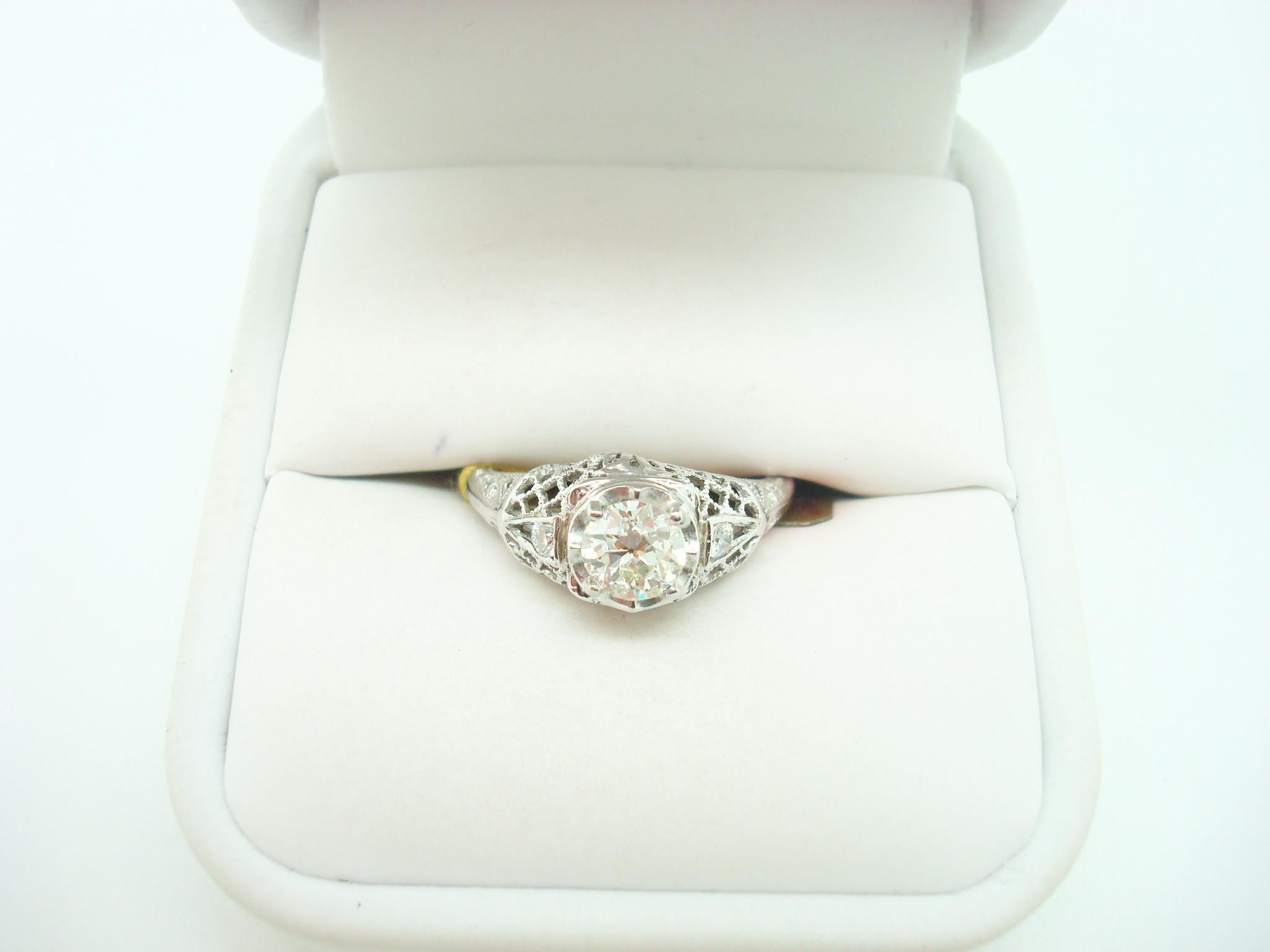 Round Cut Art Deco 18k White Gold Genuine Natural Diamond Filigree Ring .56ct '#J2360'