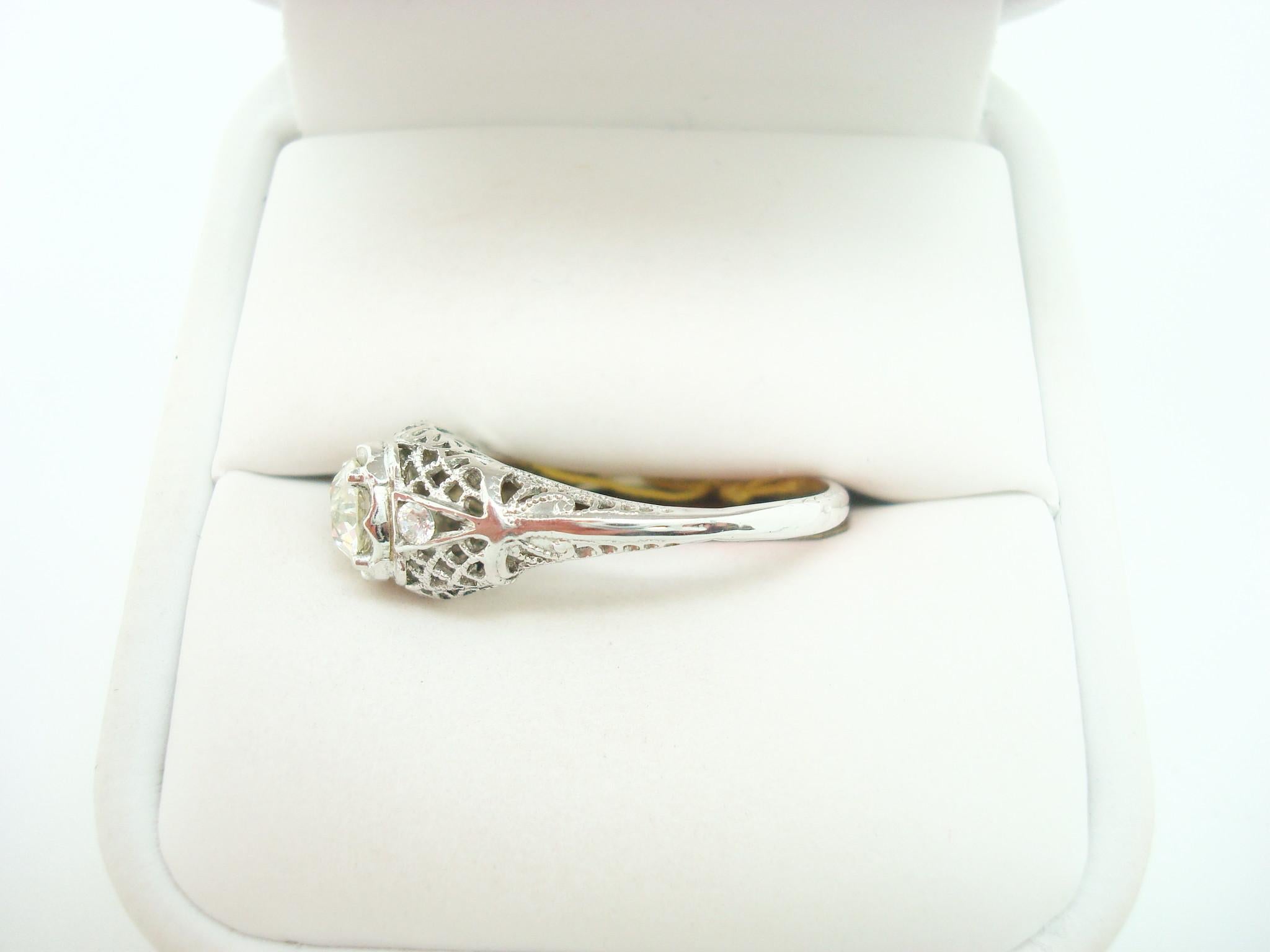 Art Deco 18k White Gold Genuine Natural Diamond Filigree Ring .56ct '#J2360' In Excellent Condition In Big Bend, WI