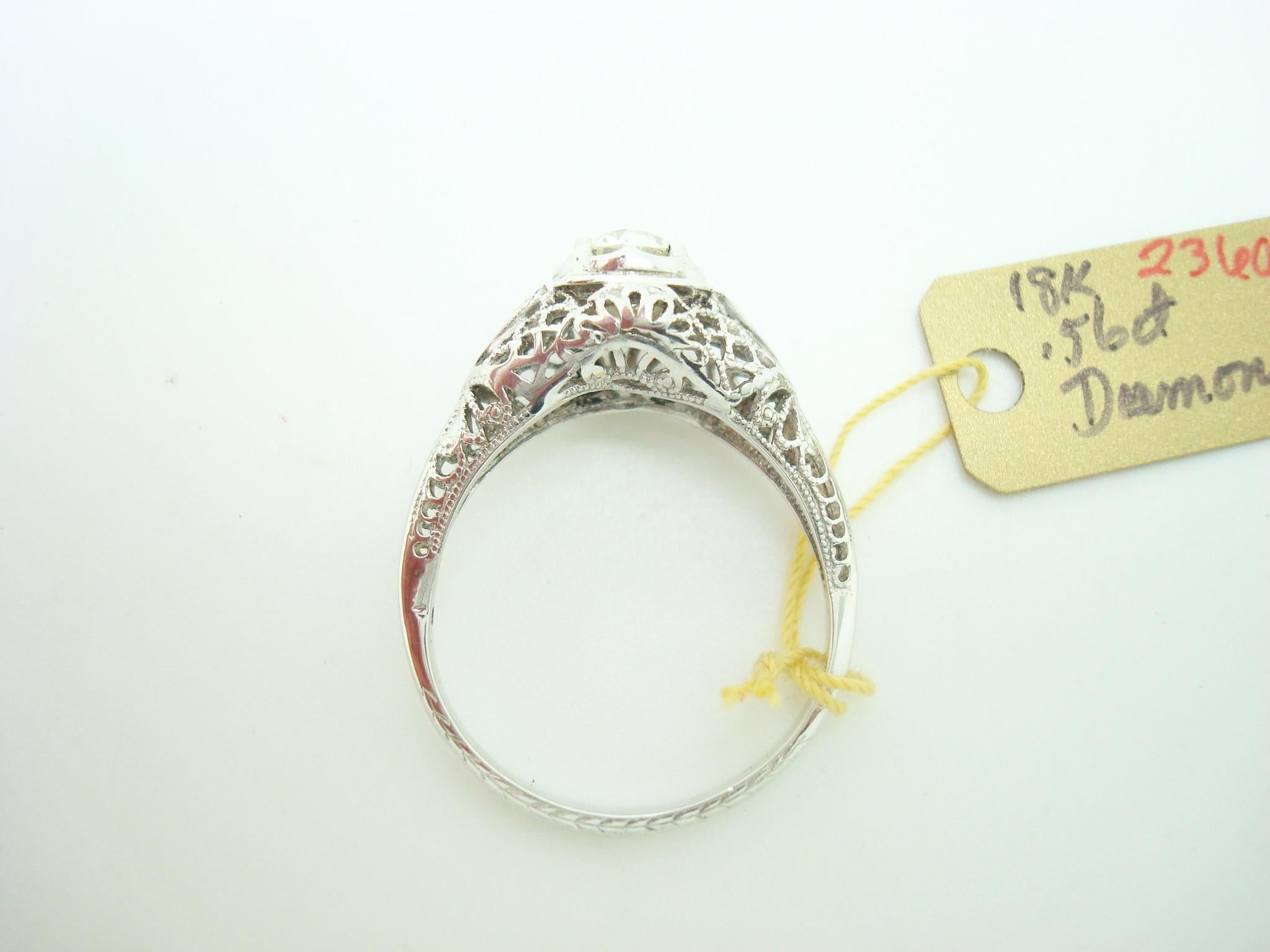 Women's Art Deco 18k White Gold Genuine Natural Diamond Filigree Ring .56ct '#J2360'
