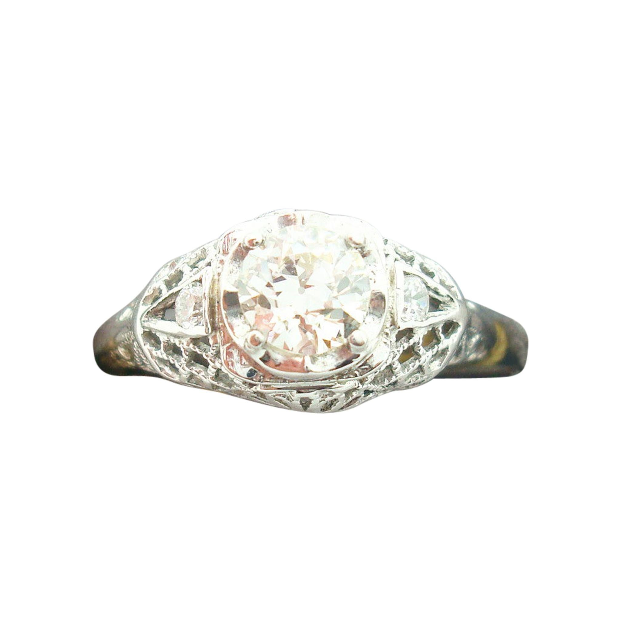 Art Deco 18k White Gold Genuine Natural Diamond Filigree Ring .56ct '#J2360'