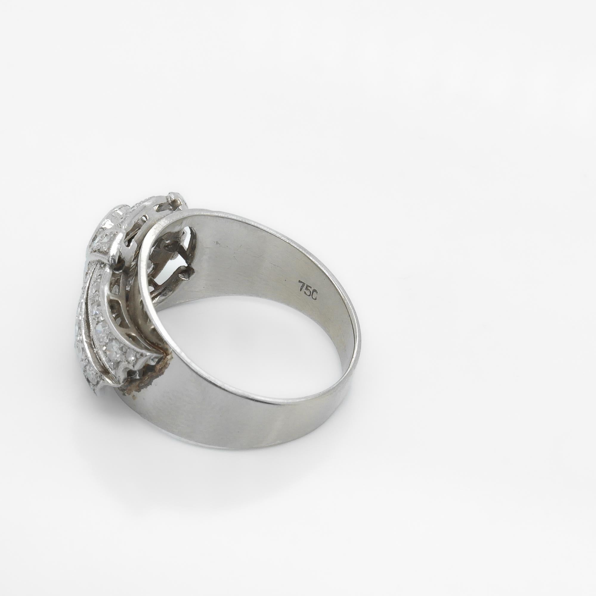 Art Deco 18K White Gold & Natural Old European Cut Diamond Cocktail Ring For Sale 7