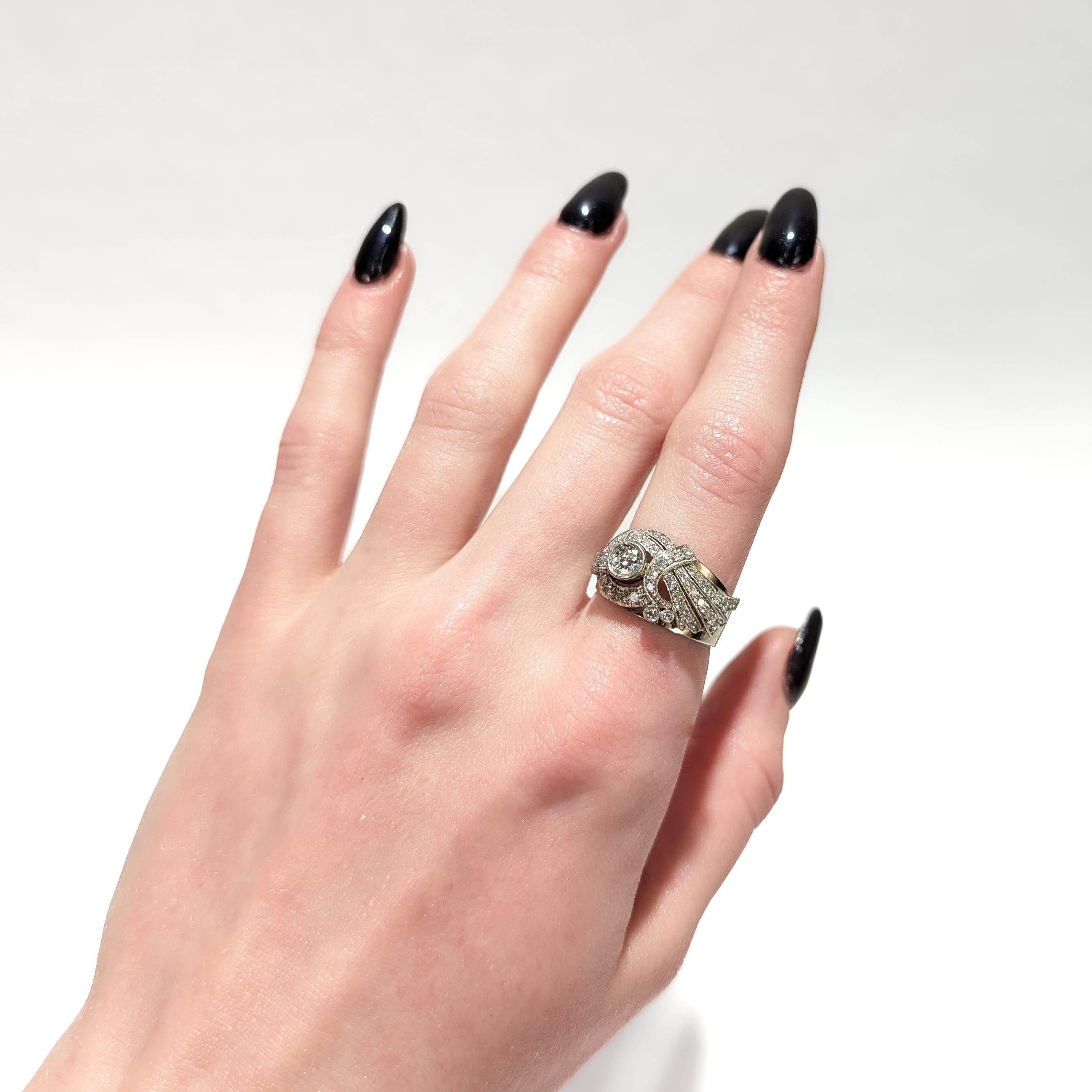 Art Deco 18K White Gold & Natural Old European Cut Diamond Cocktail Ring In Good Condition For Sale In Philadelphia, PA