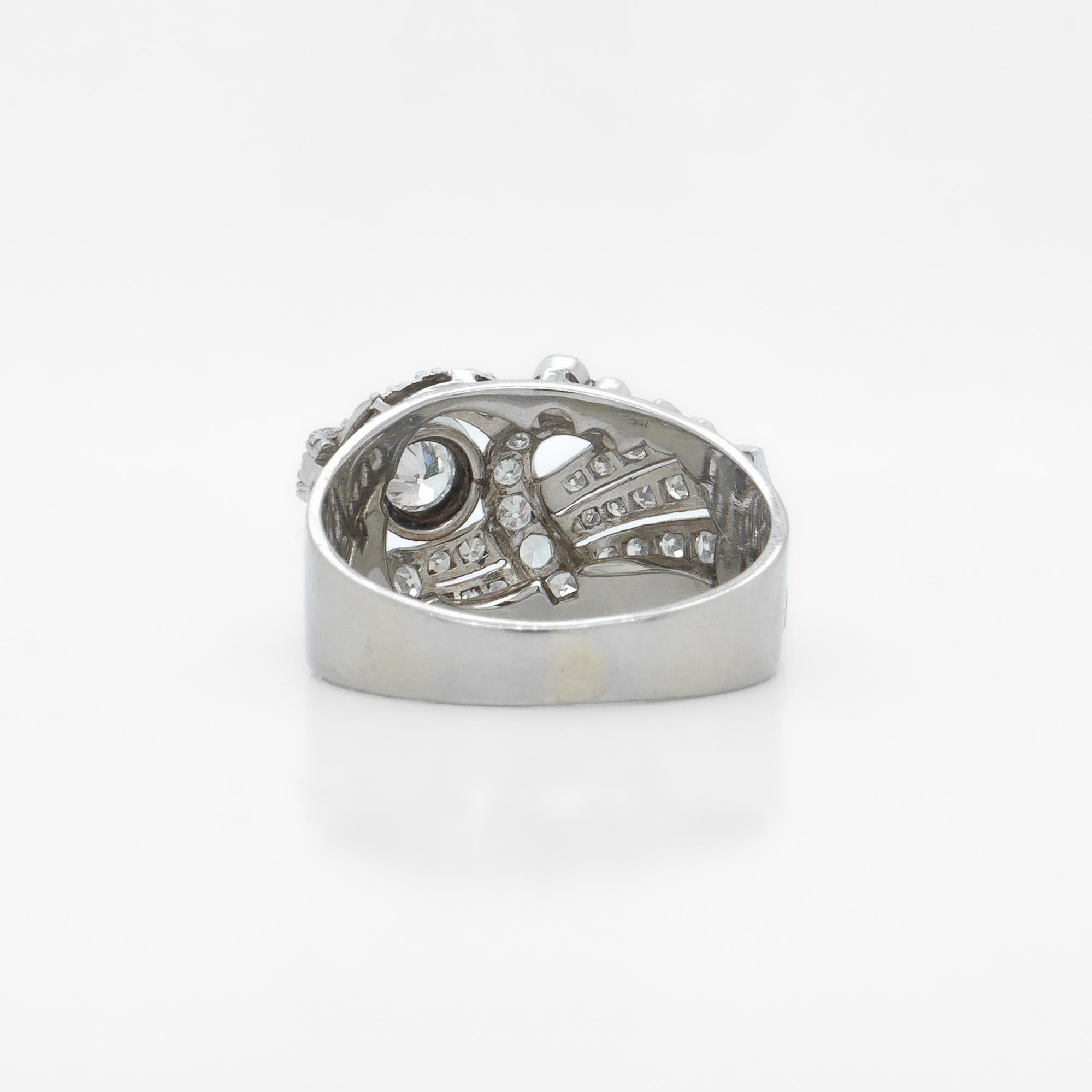 Art Deco 18K White Gold & Natural Old European Cut Diamond Cocktail Ring For Sale 5