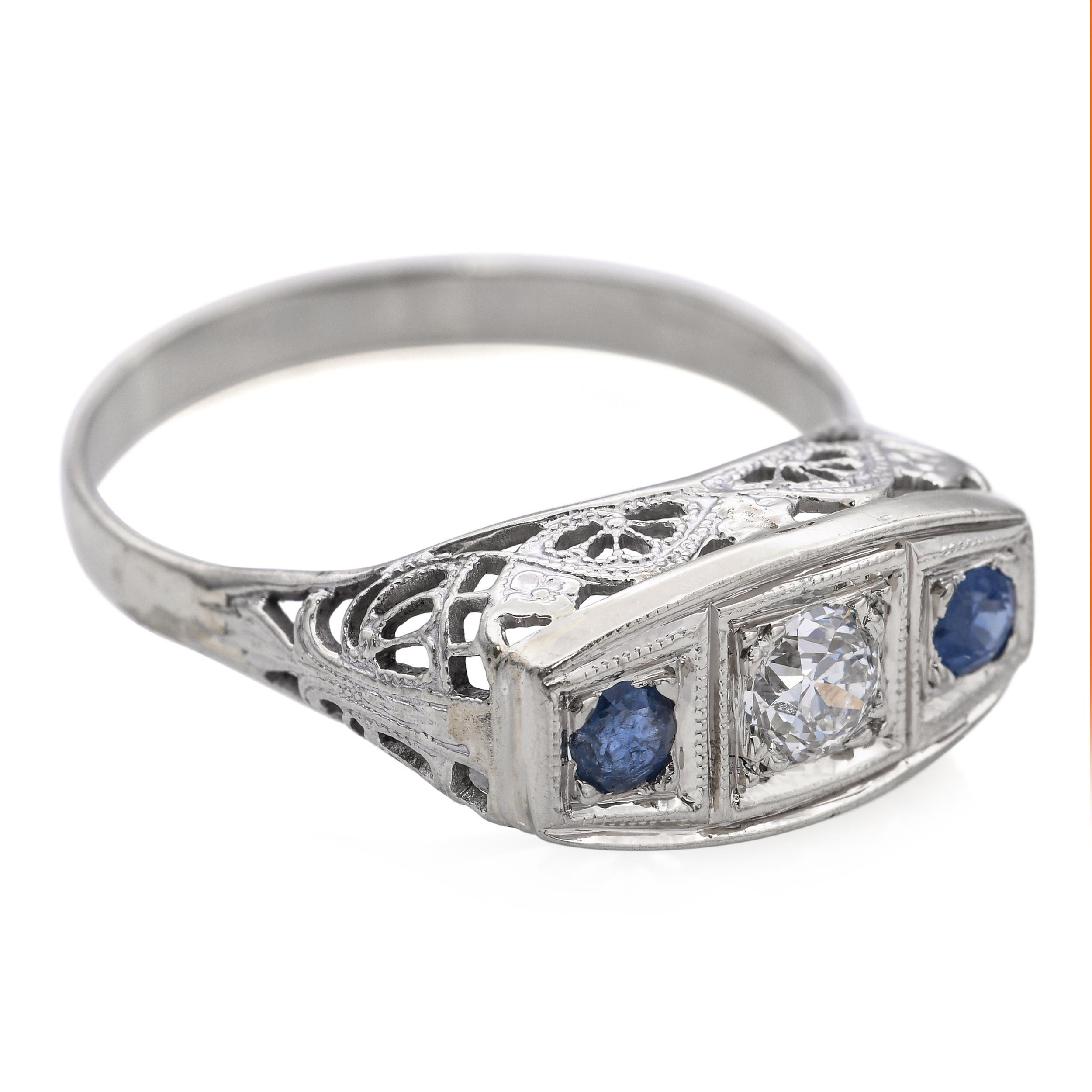 Bague Art déco en or blanc 18k, diamant et saphir de type Old Euro Pour femmes en vente