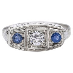 Bague Art déco en or blanc 18k, diamant et saphir de type Old Euro