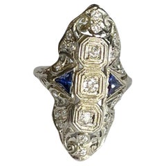 Antique Art Deco 18k White Gold Old European Cut Diamond and Sapphire Tris Shield Ring