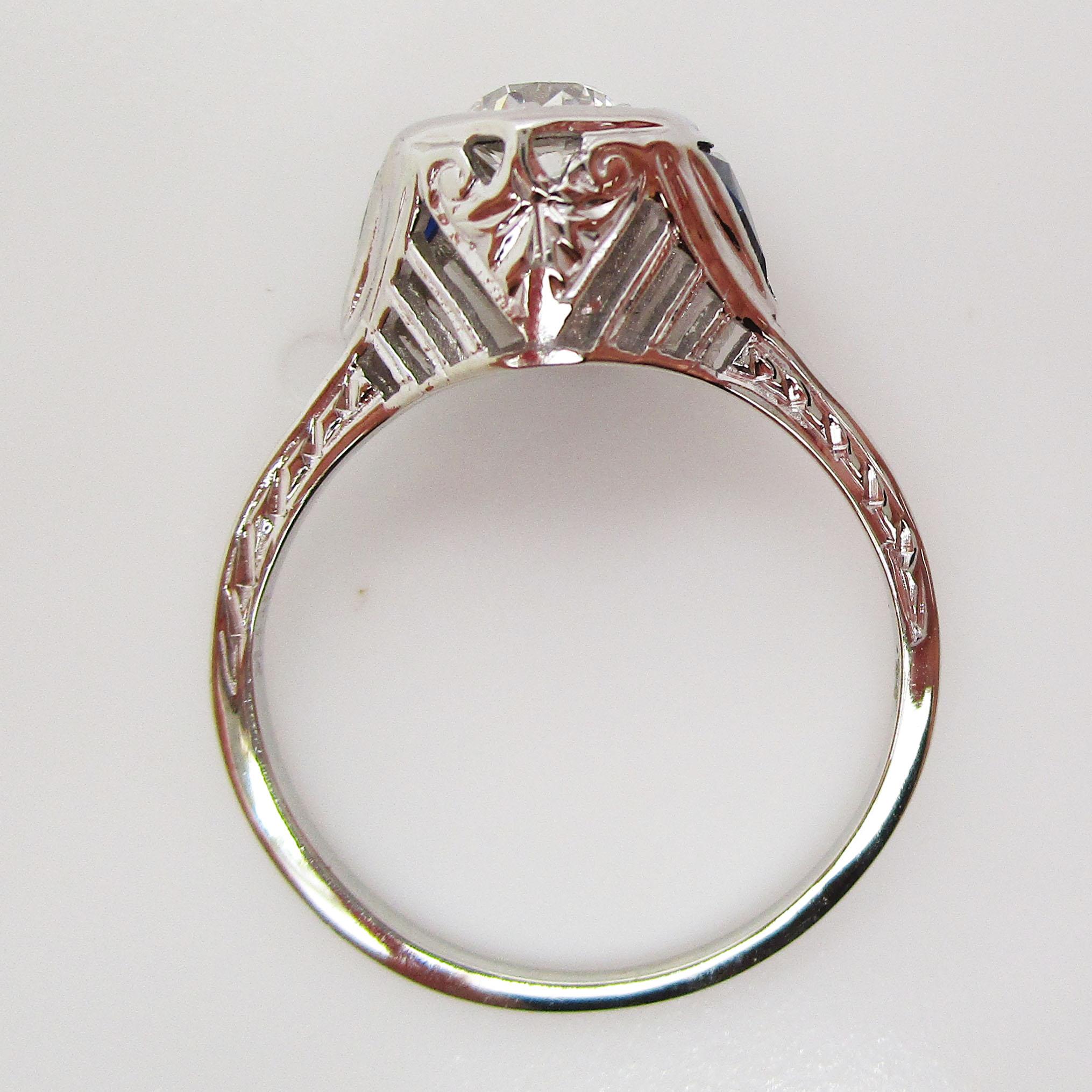 Art Deco 18 Karat White Gold Old Mine Cut Diamond Sapphire Engagement Ring 5