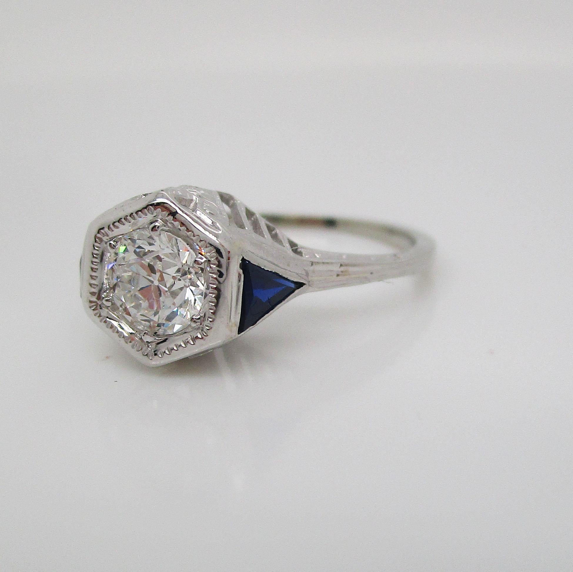 Women's Art Deco 18 Karat White Gold Old Mine Cut Diamond Sapphire Engagement Ring