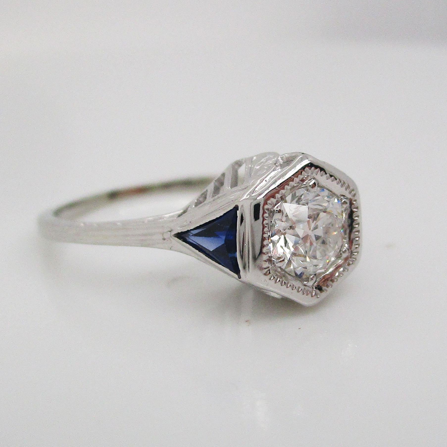 Art Deco 18 Karat White Gold Old Mine Cut Diamond Sapphire Engagement Ring 1