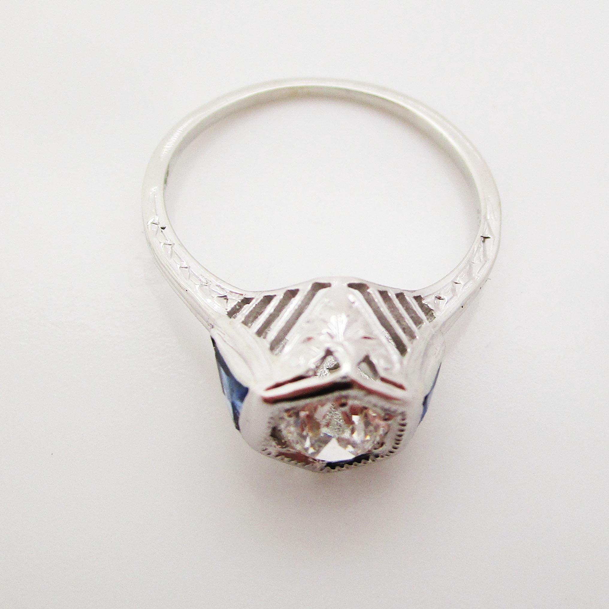 Art Deco 18 Karat White Gold Old Mine Cut Diamond Sapphire Engagement Ring 2