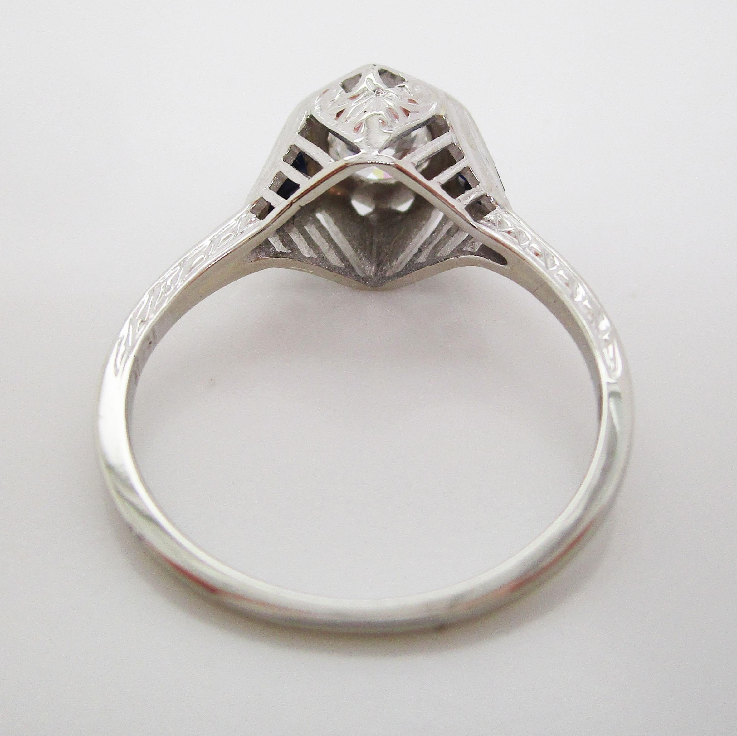 Art Deco 18 Karat White Gold Old Mine Cut Diamond Sapphire Engagement Ring 3