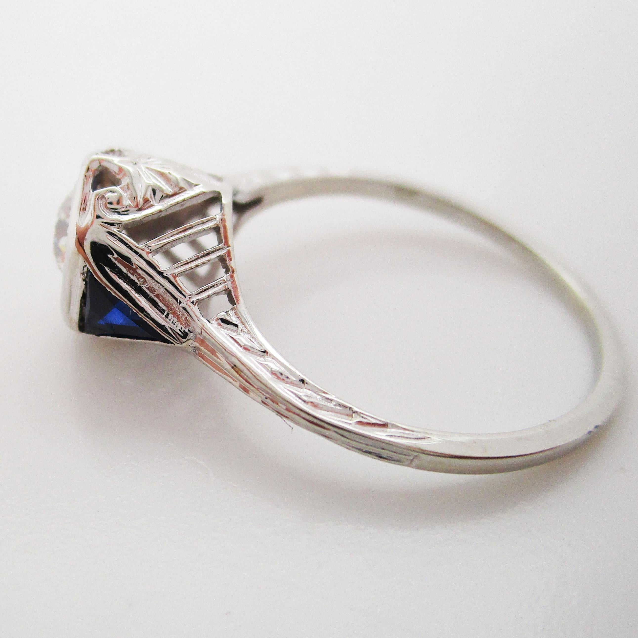 Art Deco 18 Karat White Gold Old Mine Cut Diamond Sapphire Engagement Ring 4