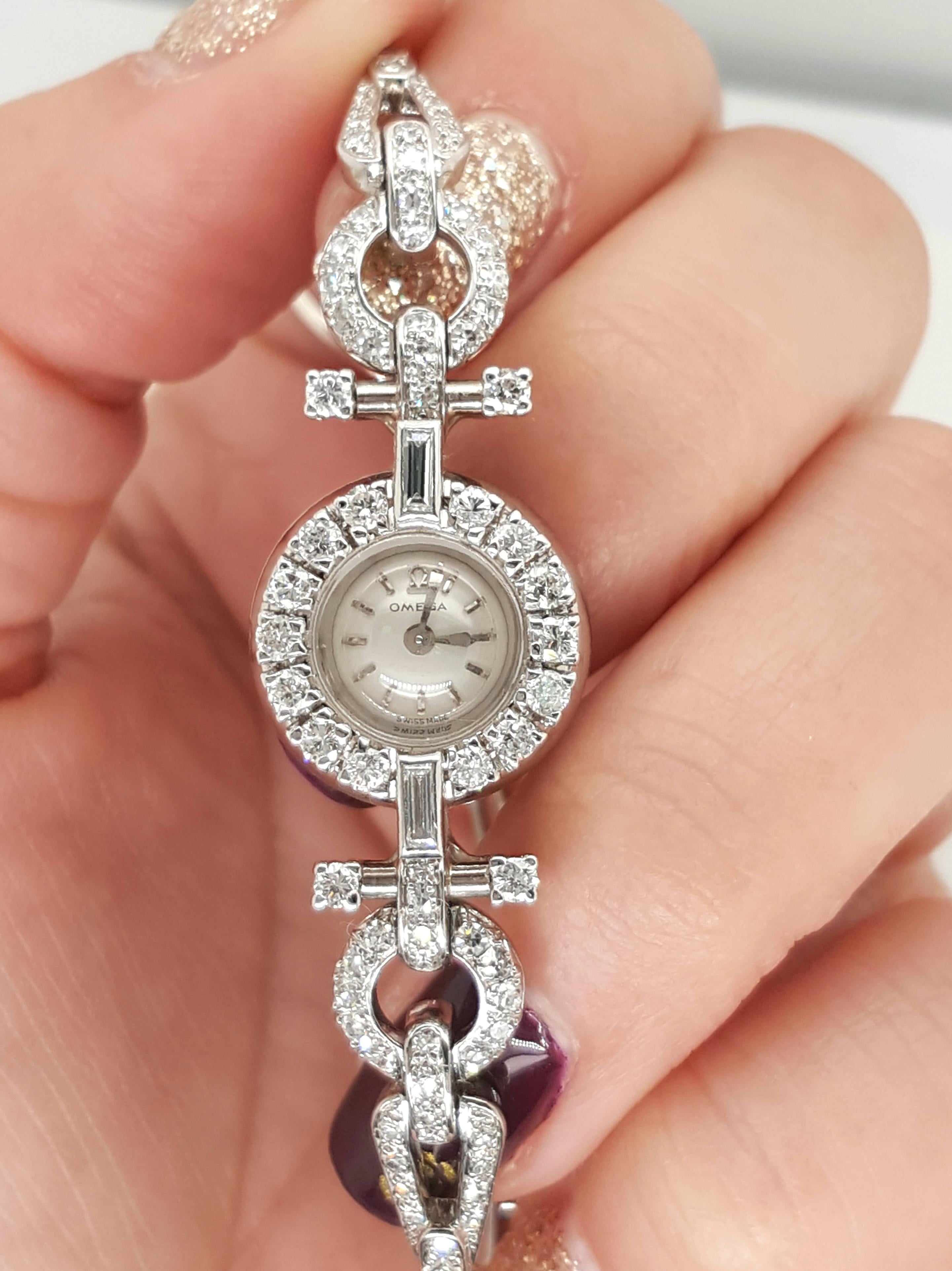 Art Deco Style 18 Karat White Gold Omega Diamond Ladies Swiss Wristwatch 2