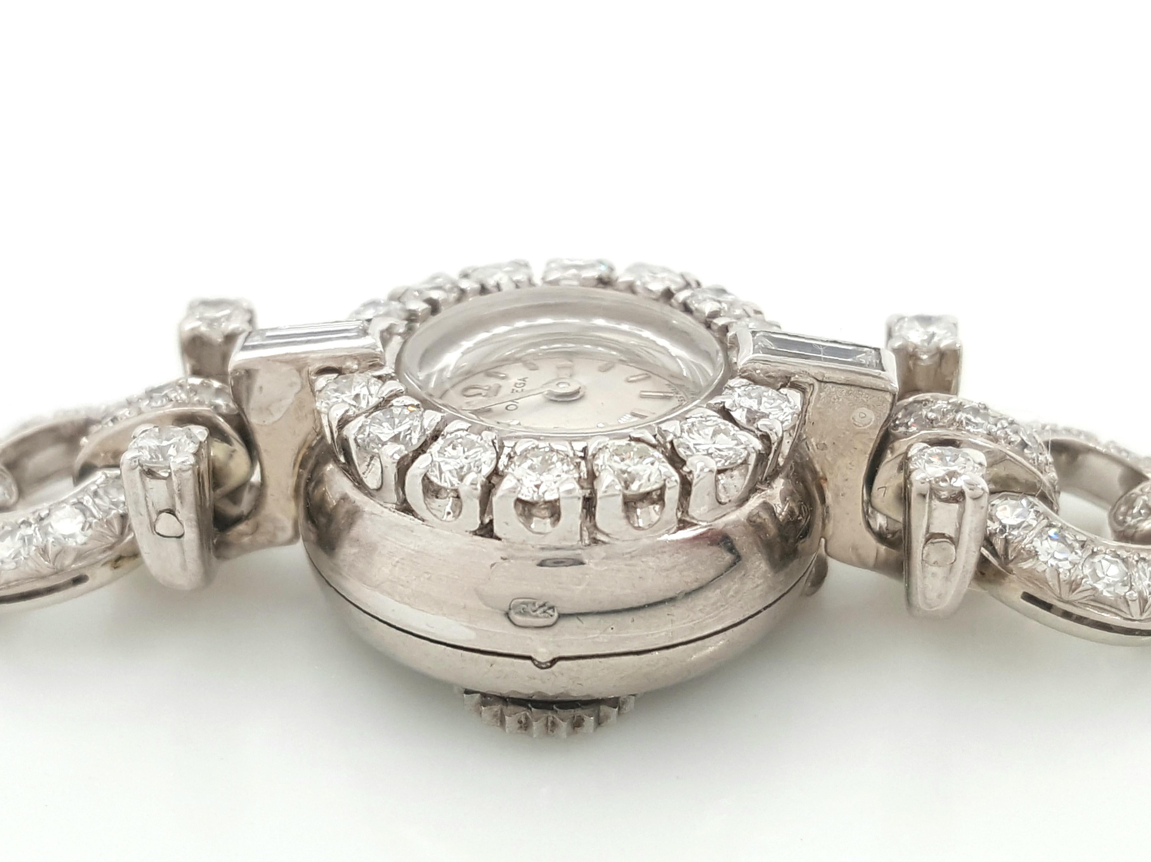 Art Deco Style 18 Karat White Gold Omega Diamond Ladies Swiss Wristwatch 3