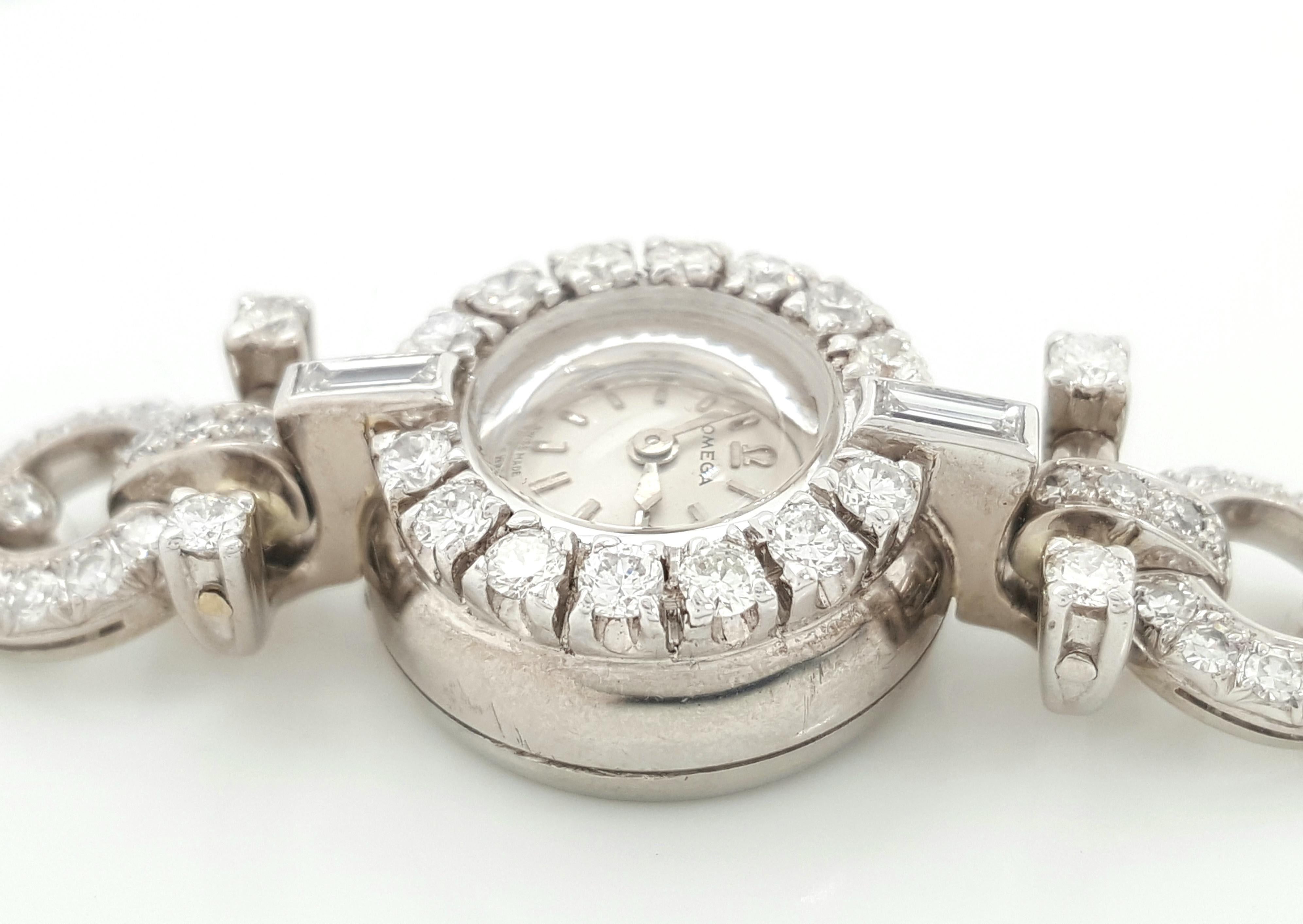 Art Deco Style 18 Karat White Gold Omega Diamond Ladies Swiss Wristwatch 4