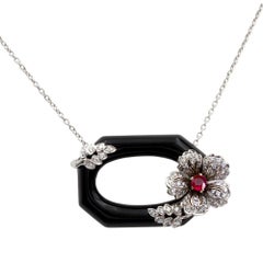 Art Deco 18K White Gold Onyx Ruby Diamond Flower Necklace, France