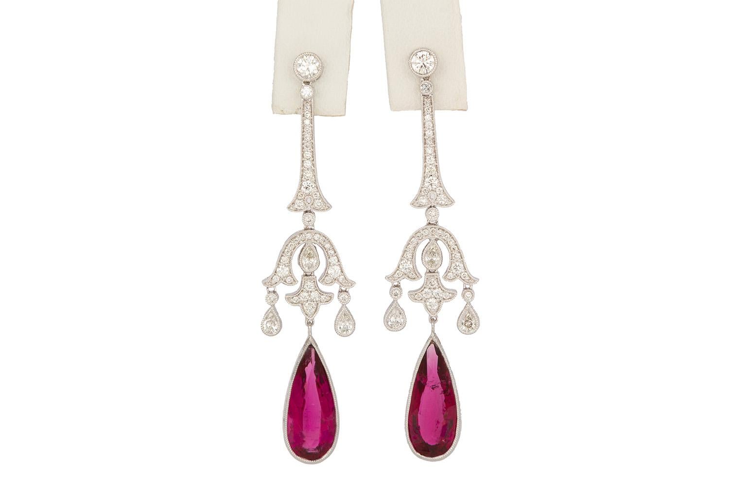 Art Deco Style 18 Karat White Gold Rubellite and Diamond Dangle Drop Earrings 1