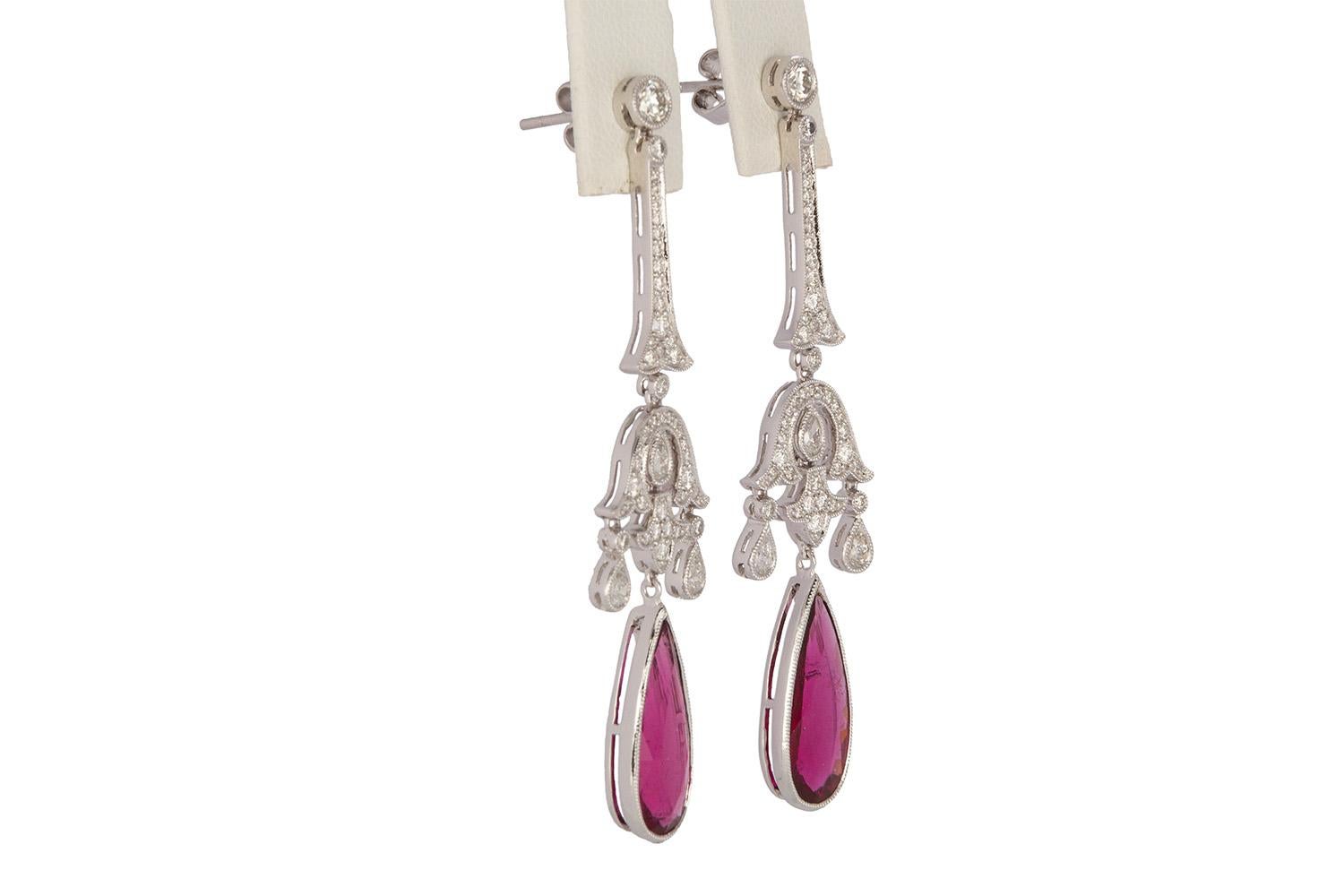 Art Deco Style 18 Karat White Gold Rubellite and Diamond Dangle Drop Earrings 2