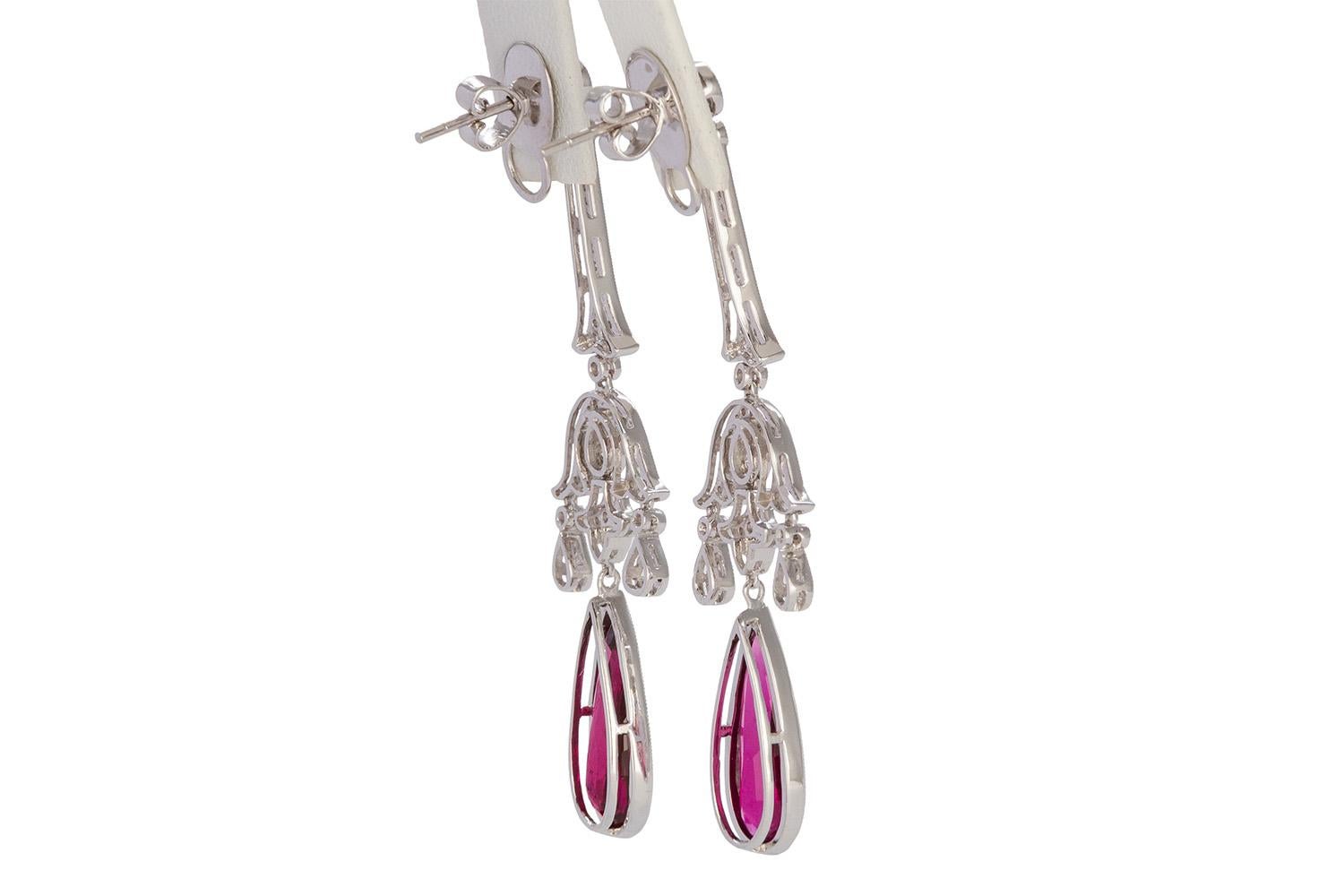 Art Deco Style 18 Karat White Gold Rubellite and Diamond Dangle Drop Earrings 4