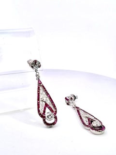 Art Deco 18K White Gold Ruby Diamond Drop Earrings, 2" Length