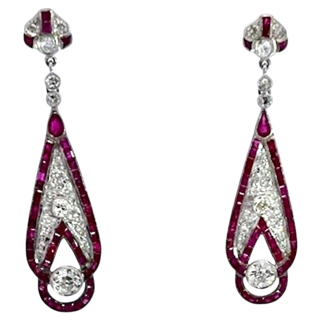 Art Deco 18K White Gold Ruby Diamond Drop Earrings, 2" Length