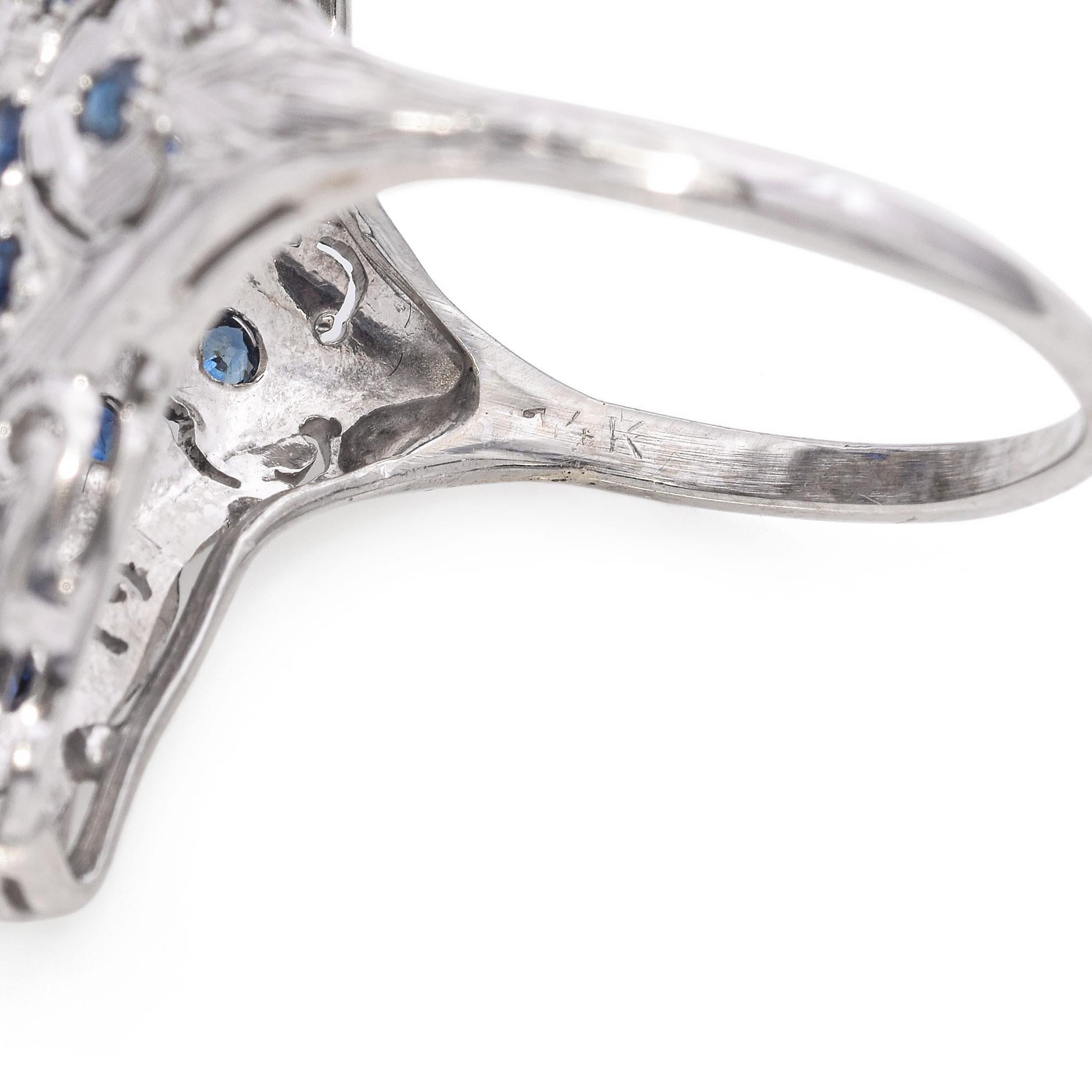 Bague de soirée Art déco en or blanc 18 carats avec saphirs en vente 2